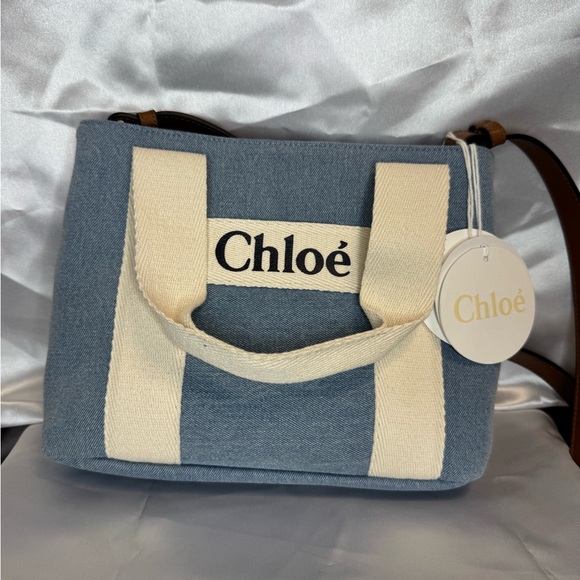 Chloe Handbags - Chloé Blue Canvas Tote with Cream Straps